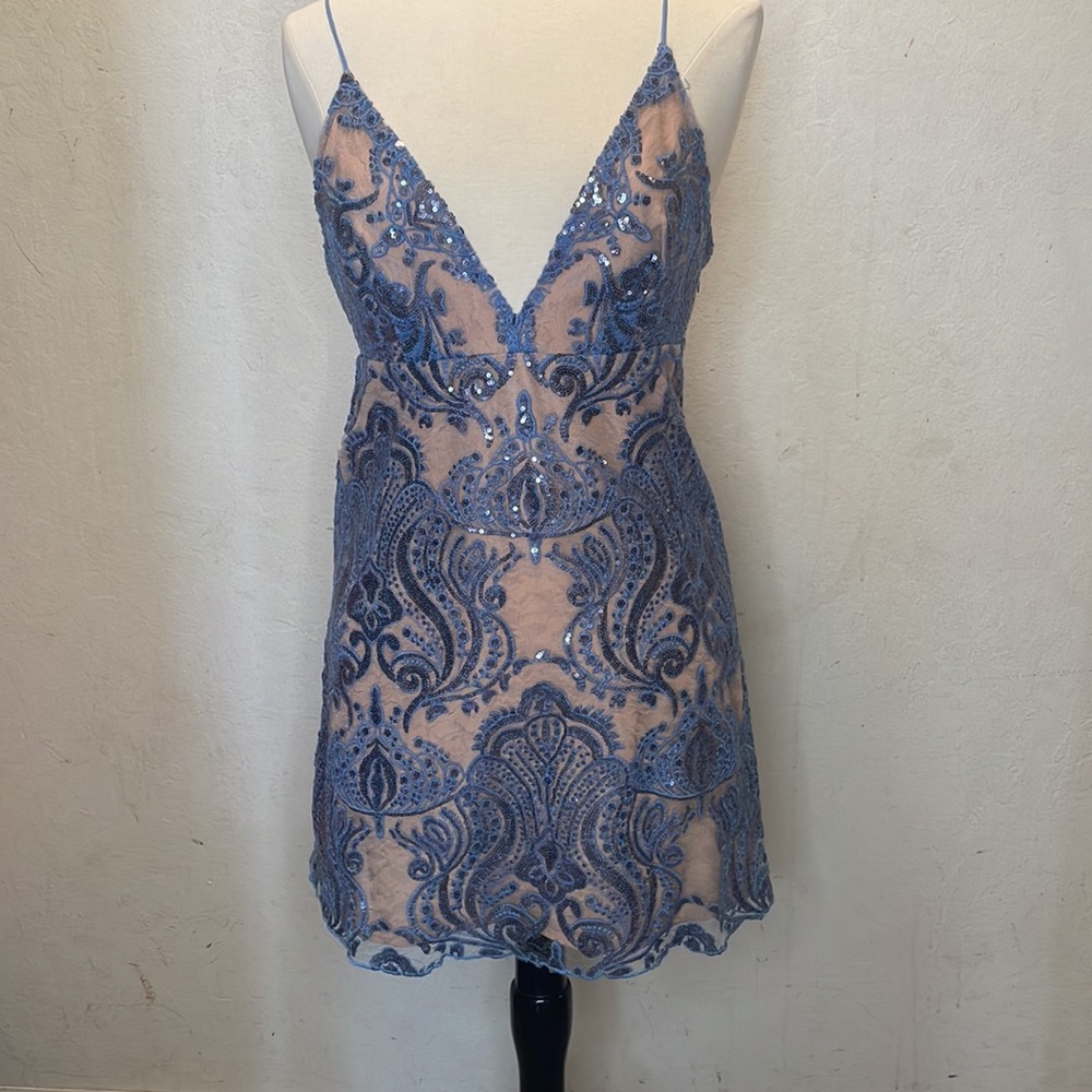 Free People Night Shimmers Blue/Ivory Mini Dress Size 6 - Picture 5 of 9